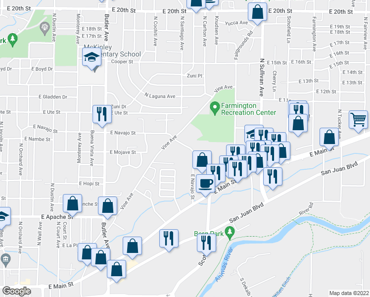 map of restaurants, bars, coffee shops, grocery stores, and more near 1015 East Navajo Street in Farmington