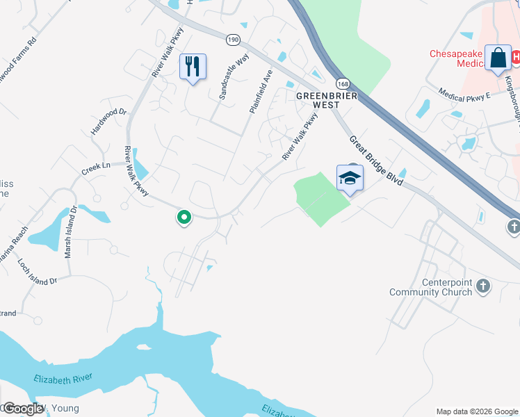 map of restaurants, bars, coffee shops, grocery stores, and more near 851 Creekside Crescent in Chesapeake