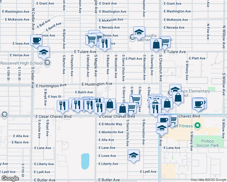 map of restaurants, bars, coffee shops, grocery stores, and more near 467 South Backer Avenue in Fresno
