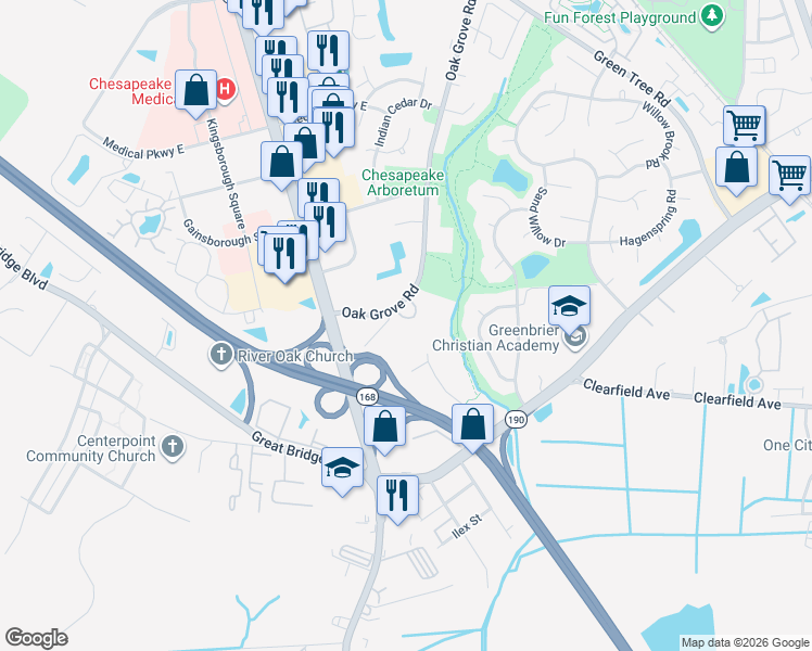 map of restaurants, bars, coffee shops, grocery stores, and more near 542 Stillwater Drive in Chesapeake