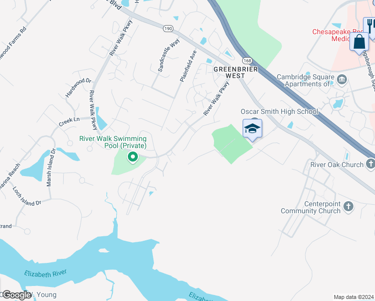 map of restaurants, bars, coffee shops, grocery stores, and more near 857 Creekside Crescent in Chesapeake