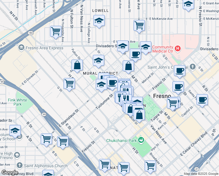 map of restaurants, bars, coffee shops, grocery stores, and more near 2009 Tuolumne Street in Fresno