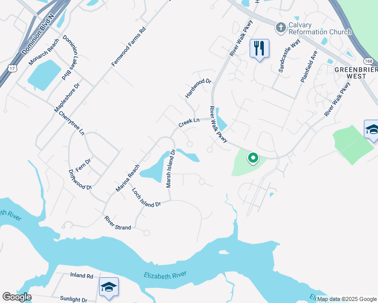 map of restaurants, bars, coffee shops, grocery stores, and more near 705 Tupelo Crossing in Chesapeake