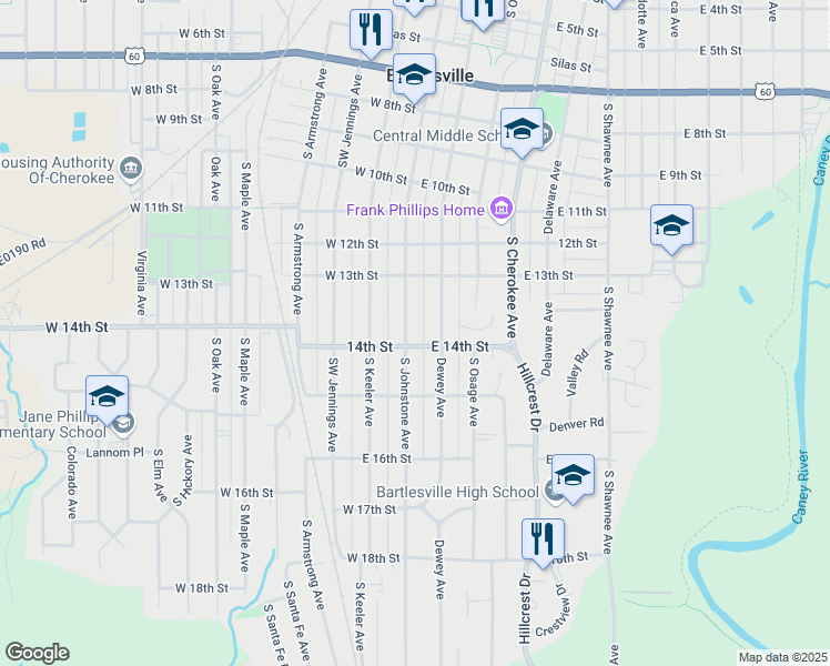 map of restaurants, bars, coffee shops, grocery stores, and more near 1348 South Johnstone Avenue in Bartlesville