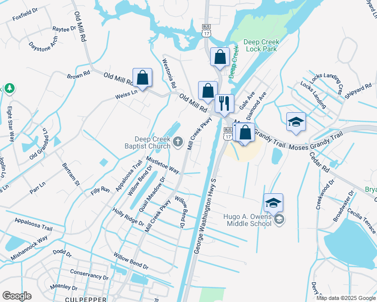 map of restaurants, bars, coffee shops, grocery stores, and more near 233 Mill Creek Pkwy in Chesapeake