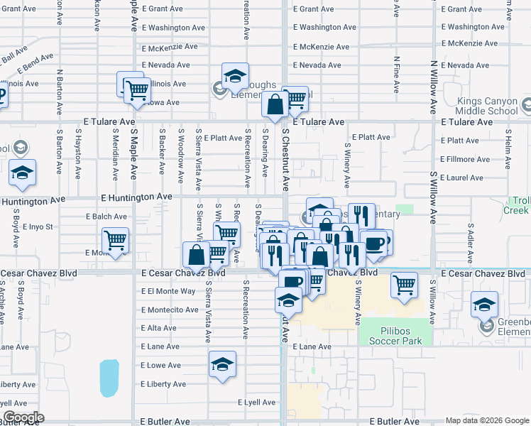 map of restaurants, bars, coffee shops, grocery stores, and more near 508 South Chestnut Avenue in Fresno