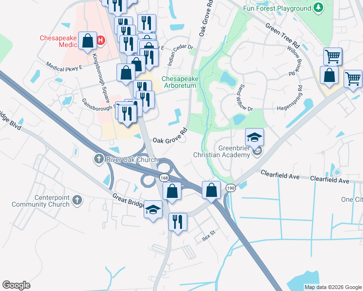 map of restaurants, bars, coffee shops, grocery stores, and more near 542 Stillwater Drive in Chesapeake