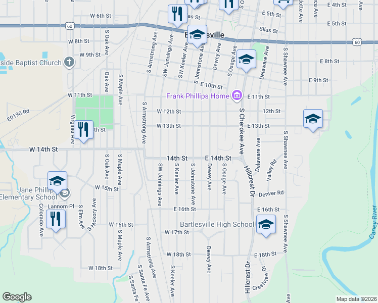 map of restaurants, bars, coffee shops, grocery stores, and more near 1406 South Johnstone Avenue in Bartlesville
