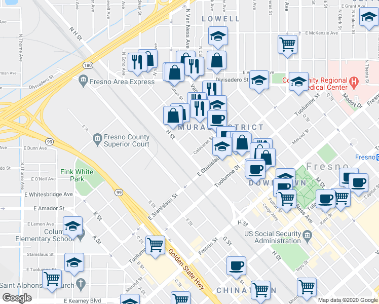 map of restaurants, bars, coffee shops, grocery stores, and more near 1659 Broadway Street in Fresno