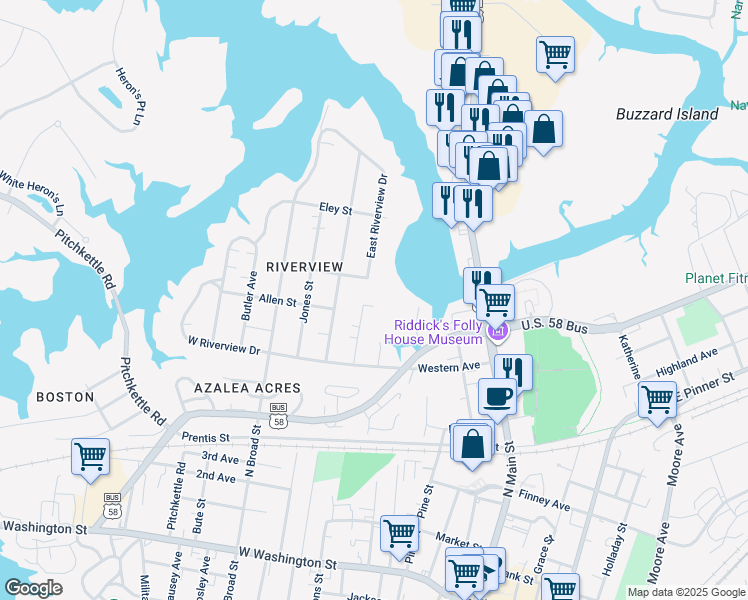 map of restaurants, bars, coffee shops, grocery stores, and more near 528 East Riverview Drive in Suffolk
