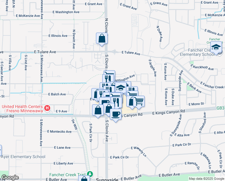 map of restaurants, bars, coffee shops, grocery stores, and more near 405 South Clovis Avenue in Fresno