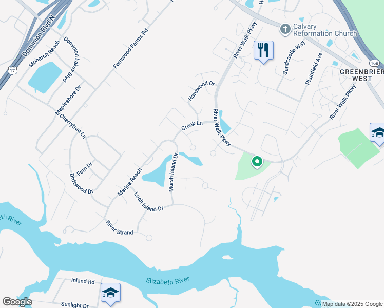 map of restaurants, bars, coffee shops, grocery stores, and more near 705 Tupelo Crossing in Chesapeake