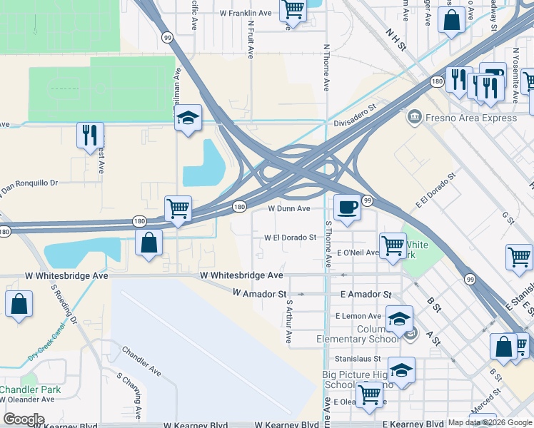 map of restaurants, bars, coffee shops, grocery stores, and more near 446 West Dunn Avenue in Fresno