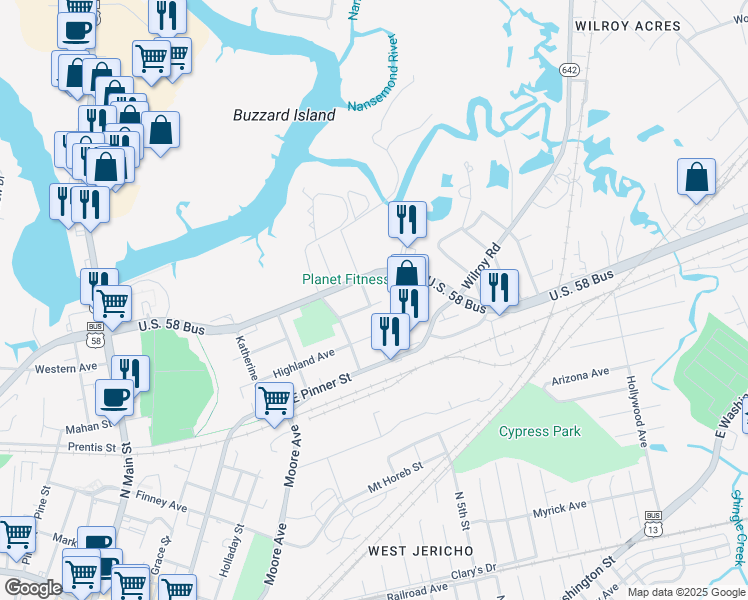 map of restaurants, bars, coffee shops, grocery stores, and more near 536 East Constance Road in Suffolk