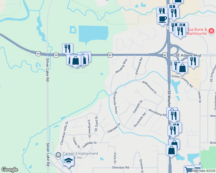 map of restaurants, bars, coffee shops, grocery stores, and more near 829 Winding Way in Bartlesville