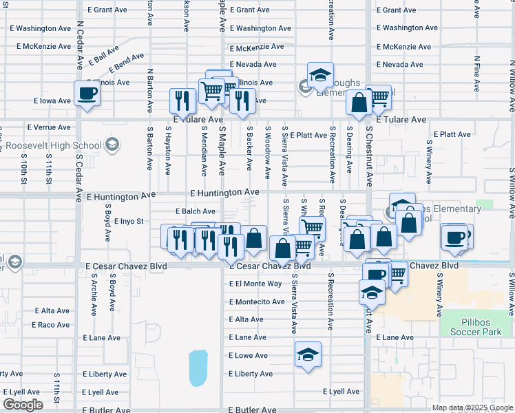 map of restaurants, bars, coffee shops, grocery stores, and more near 429 South Backer Avenue in Fresno