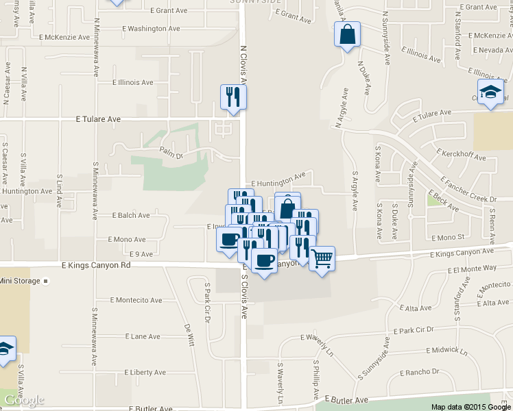 map of restaurants, bars, coffee shops, grocery stores, and more near 405 South Clovis Avenue in Fresno