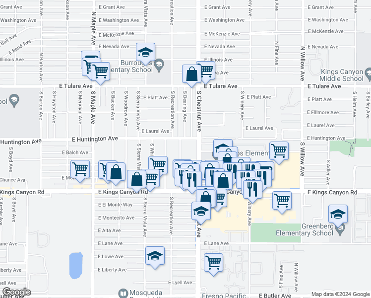 map of restaurants, bars, coffee shops, grocery stores, and more near 4780 East Huntington Avenue in Fresno