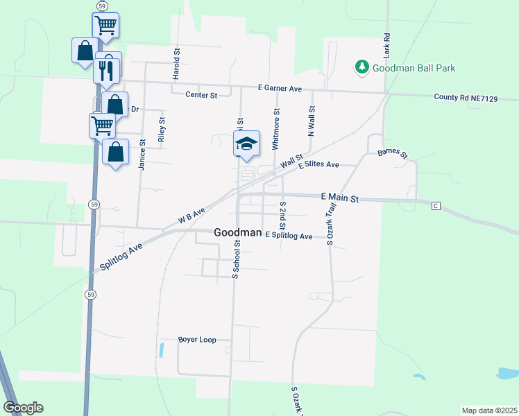 map of restaurants, bars, coffee shops, grocery stores, and more near 120-140 East Main Street in Goodman