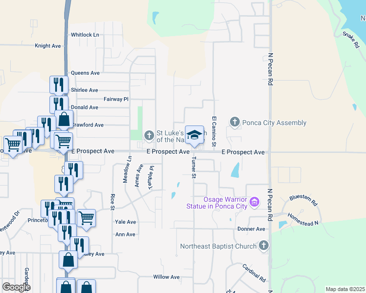 map of restaurants, bars, coffee shops, grocery stores, and more near 3009 Turner Street in Ponca City