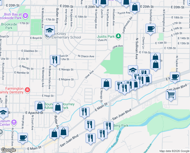 map of restaurants, bars, coffee shops, grocery stores, and more near 1011 East Navajo Street in Farmington