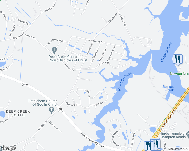 map of restaurants, bars, coffee shops, grocery stores, and more near 2008 Kinston Waters Court in Chesapeake