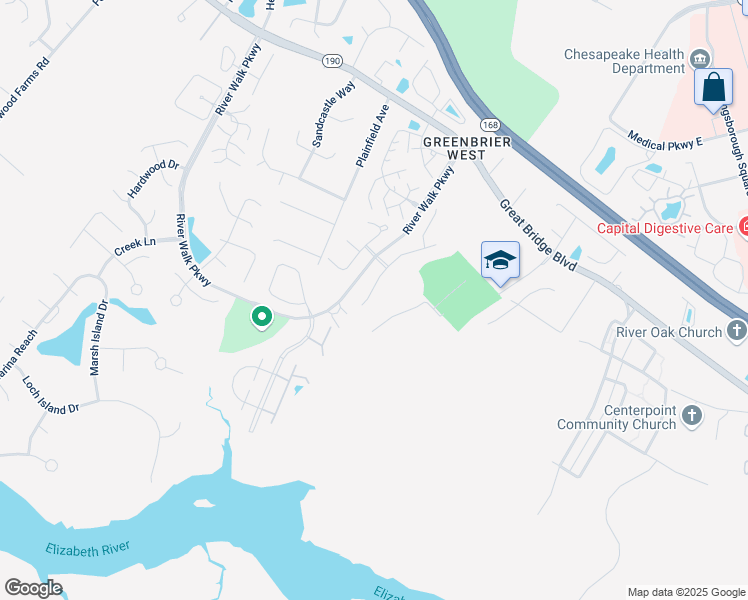 map of restaurants, bars, coffee shops, grocery stores, and more near 845 Creekside Crescent in Chesapeake