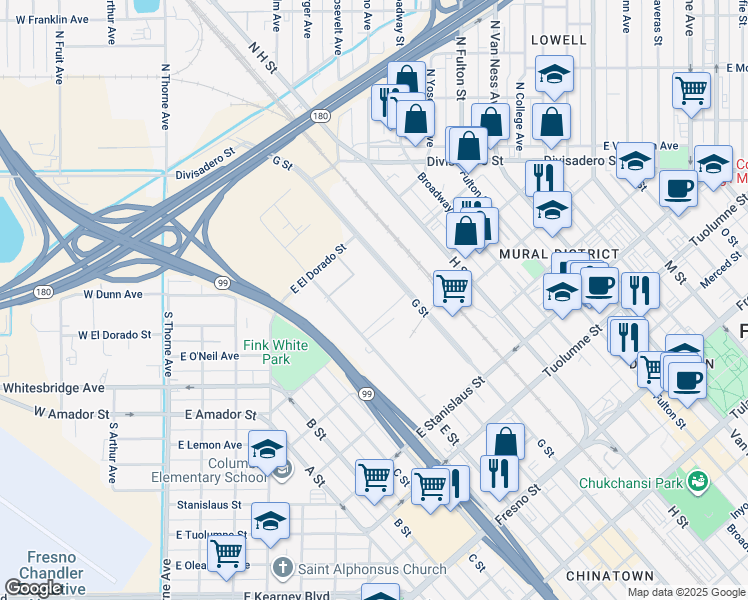 map of restaurants, bars, coffee shops, grocery stores, and more near in Fresno