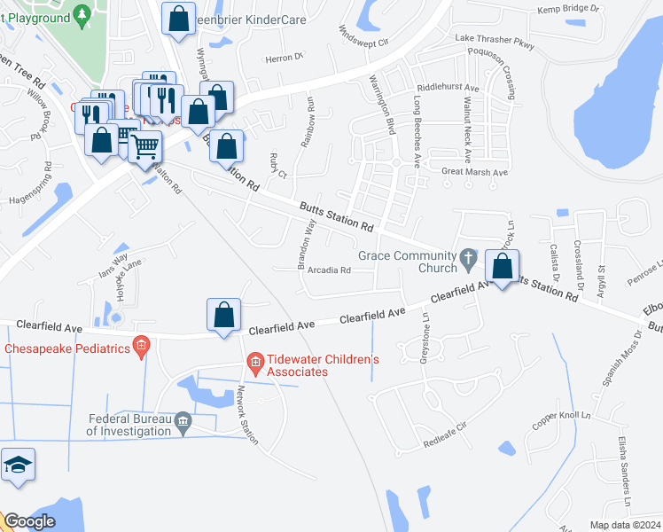map of restaurants, bars, coffee shops, grocery stores, and more near 916 Arcadia Road in Chesapeake