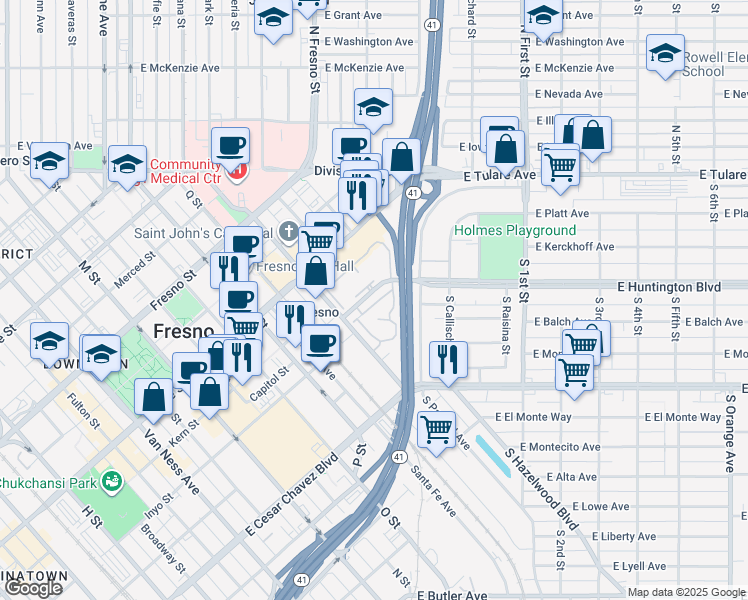 map of restaurants, bars, coffee shops, grocery stores, and more near 2881-2909 Huntington Boulevard in Fresno