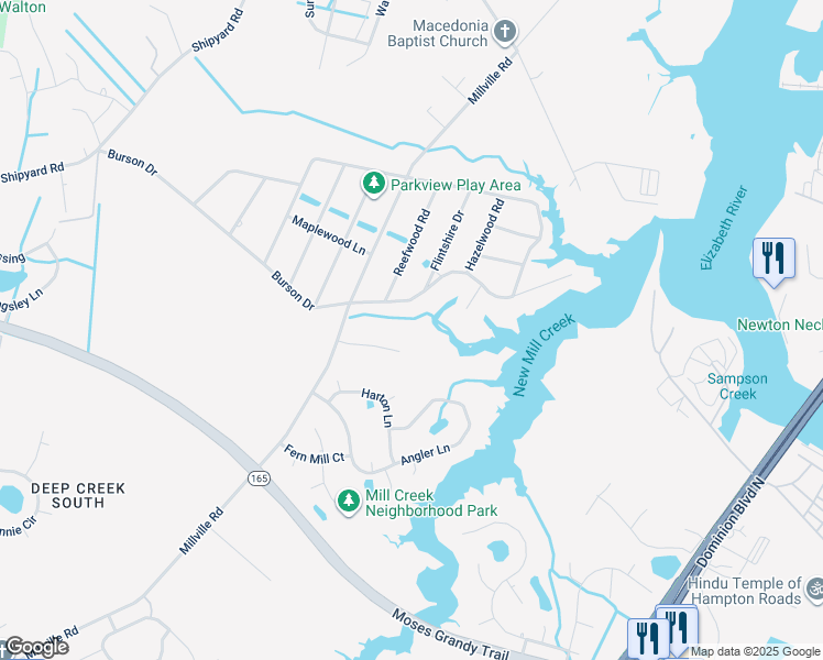 map of restaurants, bars, coffee shops, grocery stores, and more near 2008 Kinston Waters Court in Chesapeake