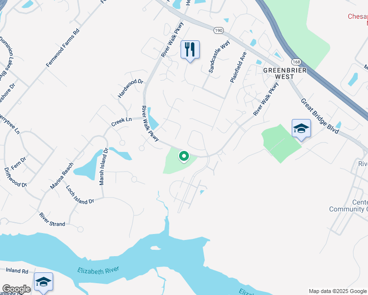 map of restaurants, bars, coffee shops, grocery stores, and more near 407 Supplejack Court in Chesapeake