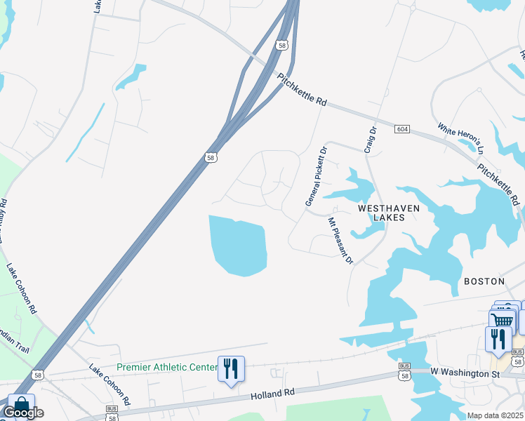 map of restaurants, bars, coffee shops, grocery stores, and more near 203 Reservoir Lane in Suffolk