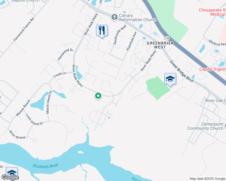 map of restaurants, bars, coffee shops, grocery stores, and more near 409 Broad Bend Circle in Chesapeake