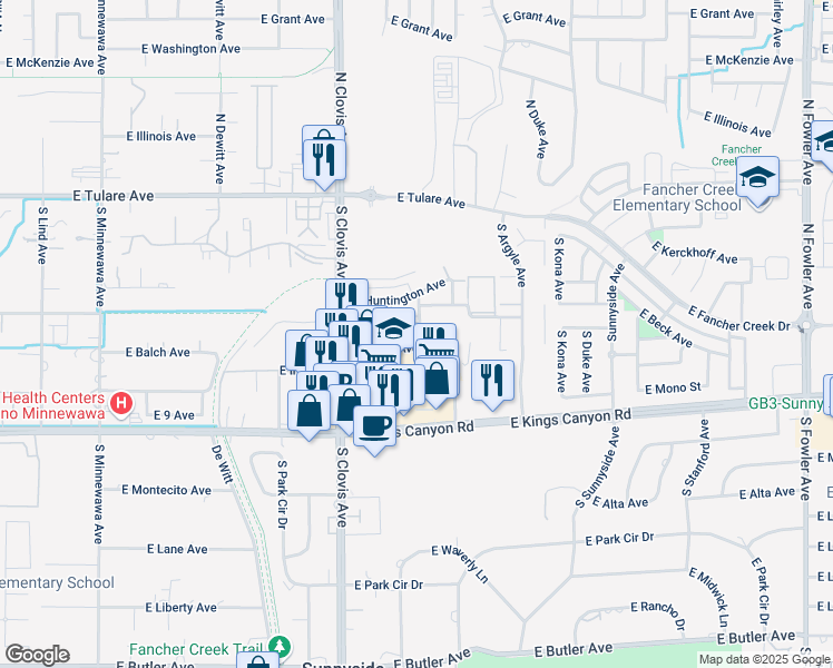 map of restaurants, bars, coffee shops, grocery stores, and more near 409 South Waverly Lane in Fresno