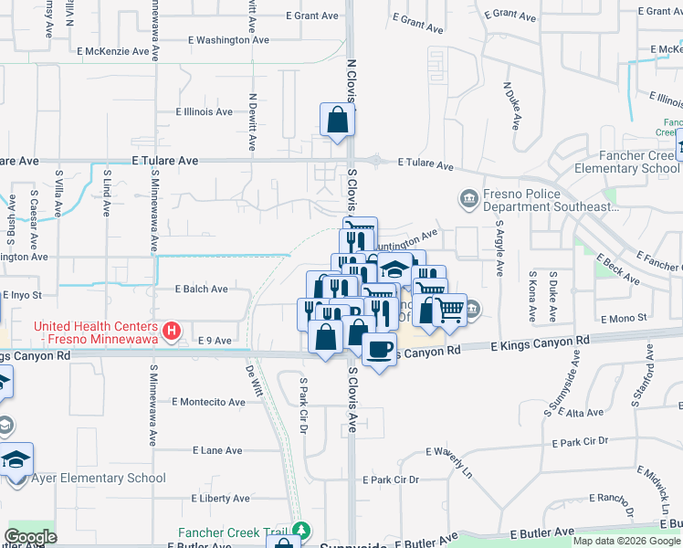 map of restaurants, bars, coffee shops, grocery stores, and more near 417 South Clovis Avenue in Fresno