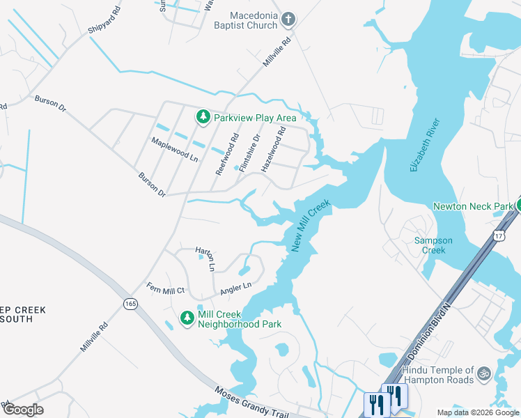 map of restaurants, bars, coffee shops, grocery stores, and more near 1916 McCoy Road in Chesapeake