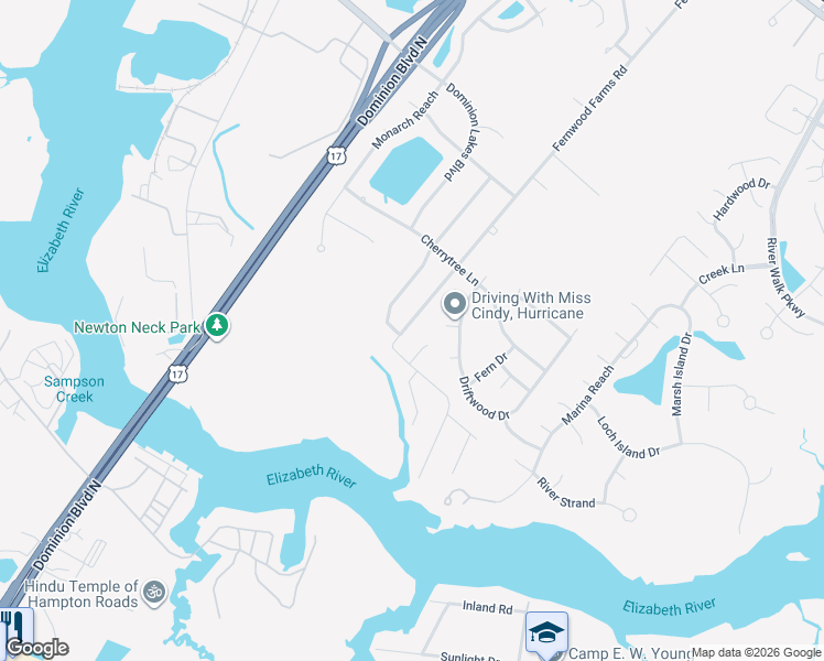 map of restaurants, bars, coffee shops, grocery stores, and more near 321 Fernwood Farms Road in Chesapeake