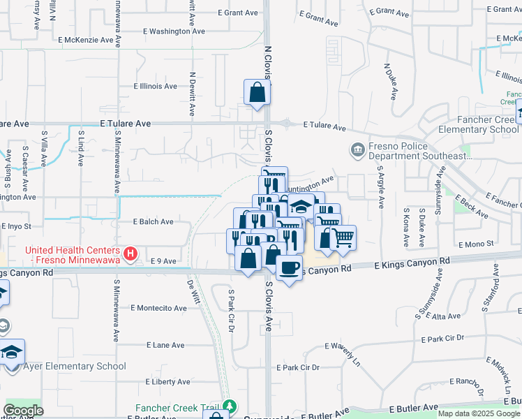 map of restaurants, bars, coffee shops, grocery stores, and more near 422-490 South Clovis Avenue in Fresno