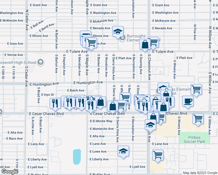 map of restaurants, bars, coffee shops, grocery stores, and more near 425 South Woodrow Avenue in Fresno