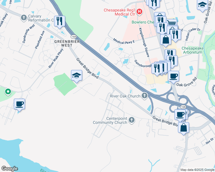 map of restaurants, bars, coffee shops, grocery stores, and more near 376 Great Bridge Boulevard in Chesapeake