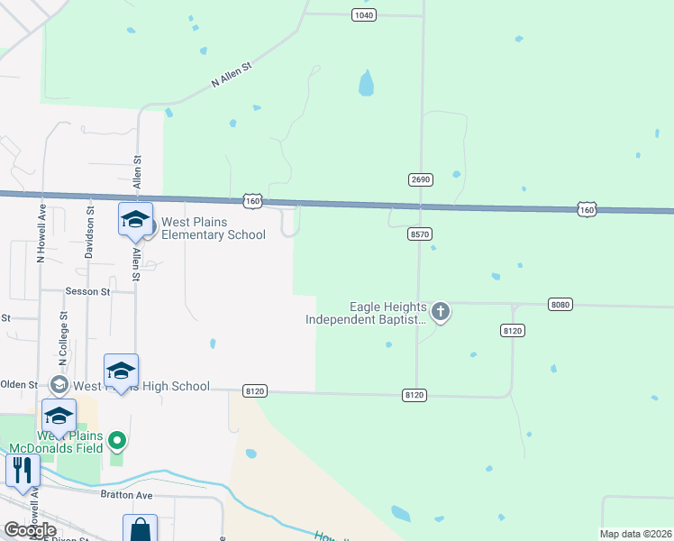 map of restaurants, bars, coffee shops, grocery stores, and more near 1040 U.S. 160 in West Plains