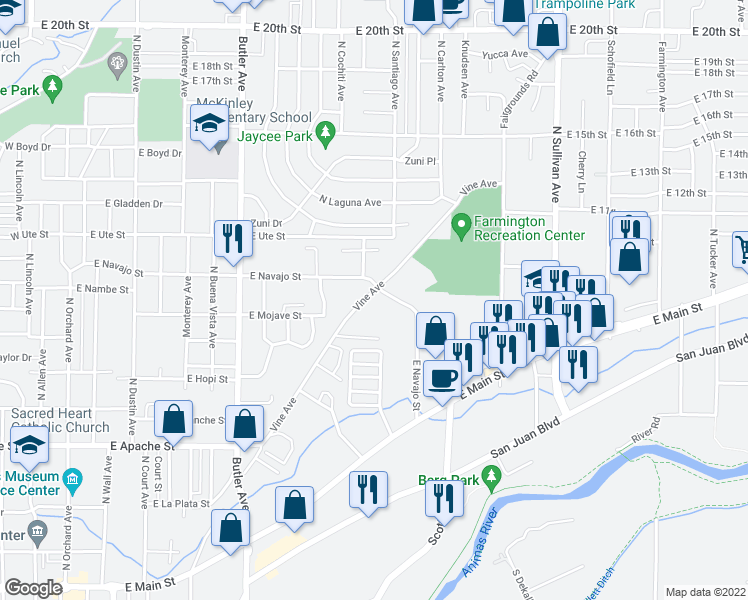 map of restaurants, bars, coffee shops, grocery stores, and more near 822 Vine Avenue in Farmington