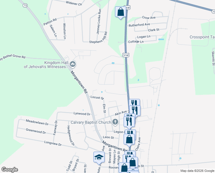 map of restaurants, bars, coffee shops, grocery stores, and more near 205 North Pointe Drive in Franklin