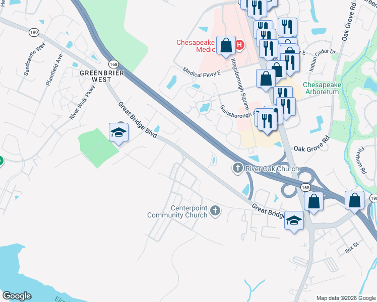 map of restaurants, bars, coffee shops, grocery stores, and more near 357 Great Bridge Boulevard in Chesapeake