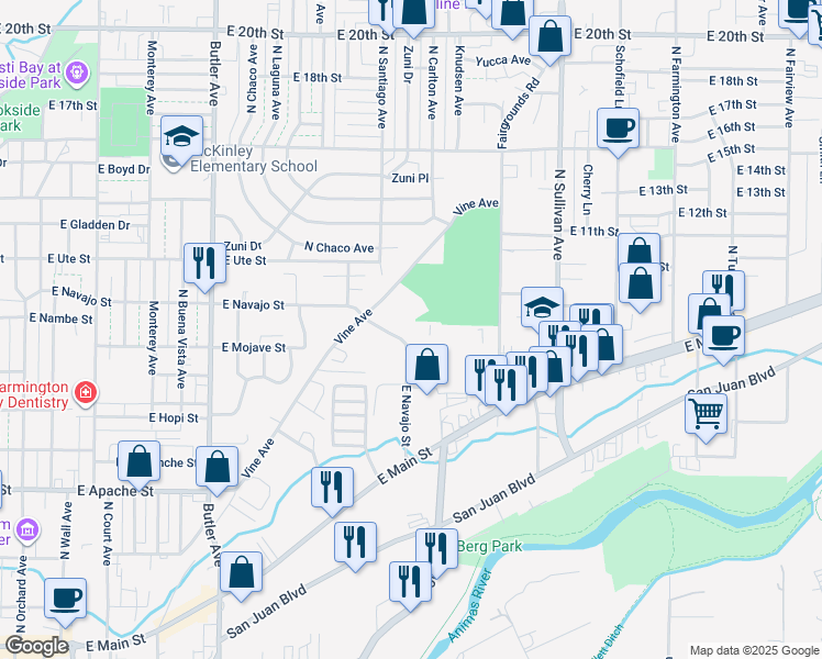 map of restaurants, bars, coffee shops, grocery stores, and more near 1199 Vine Avenue in Farmington