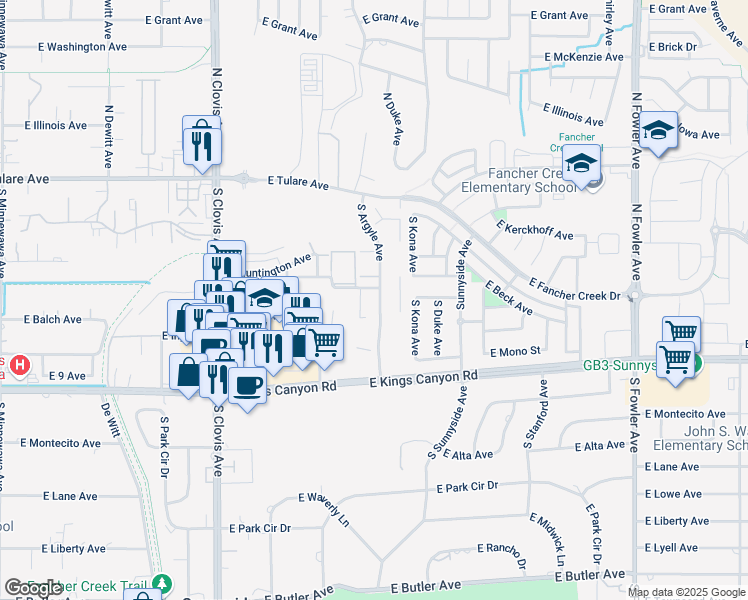map of restaurants, bars, coffee shops, grocery stores, and more near 103 East Beck Avenue in Fresno