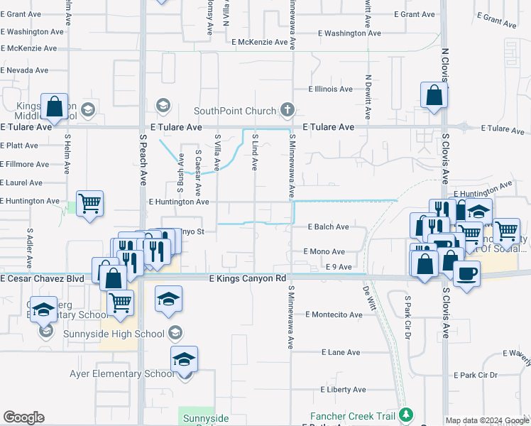map of restaurants, bars, coffee shops, grocery stores, and more near 5376 East Huntington Avenue in Fresno