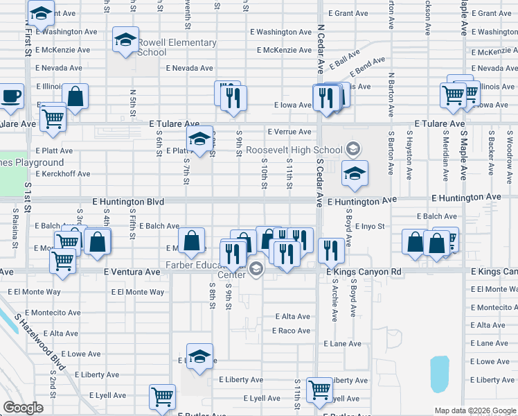 map of restaurants, bars, coffee shops, grocery stores, and more near 3937 East Huntington Boulevard in Fresno