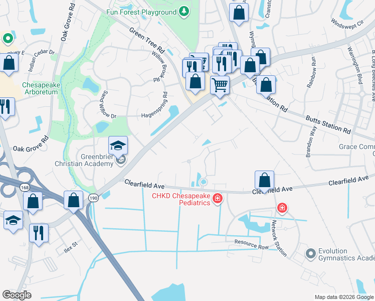 map of restaurants, bars, coffee shops, grocery stores, and more near 408 Kempsville Road in Chesapeake